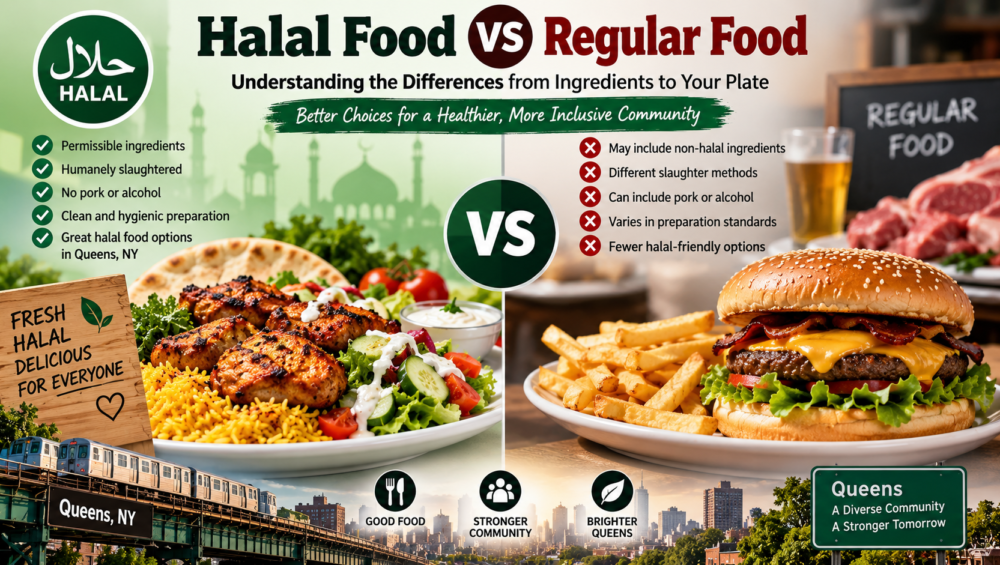Halal food vs regular food comparison showing differences in ingredients, meat preparation, and food choices in Queens, NY.