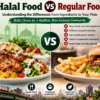 Halal food vs regular food comparison showing differences in ingredients, meat preparation, and food choices in Queens, NY.