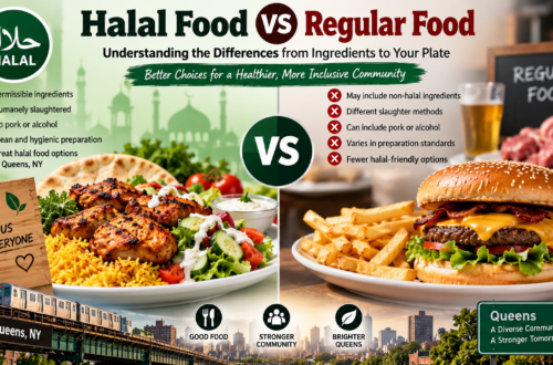 Halal food vs regular food comparison showing differences in ingredients, meat preparation, and food choices in Queens, NY.